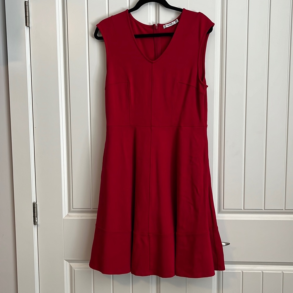 Red fit and flare dress.